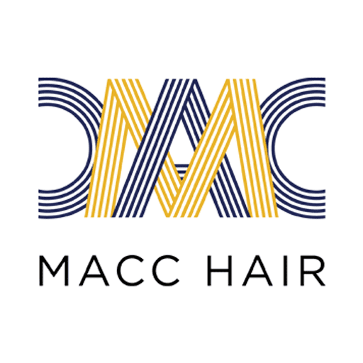 Logo for MACC HAIR featuring an abstract M formed by stylized overlapping yellow lines and blue curves, with the brand name "MACC HAIR" written below in black uppercase letters—a modern hair logo with a creative touch.