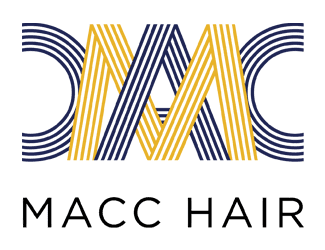 MACC HAIR logo with yellow and dark blue interwoven lines forming stylized letters, and "MACC HAIR" written below in black capital letters.