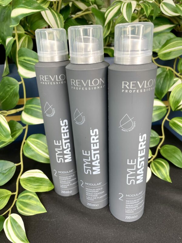 Three cans of Style Masters Modular Hairspray 200ml stand upright before a backdrop of lush green leafy plants. Three cans of Style Masters Modular Hairspray 200ml stand upright before a backdrop of lush green leafy plants.