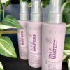 Three bottles of Style Masters Memory Spray 150ml are displayed in front of vibrant green-striped plants.
