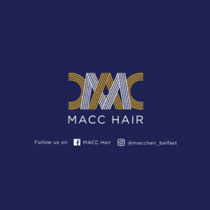Logo for MACC Hair with stylized yellow and white "MACC" on a dark blue background, plus Facebook and Instagram handles. Ask us about our Gift Voucher!.