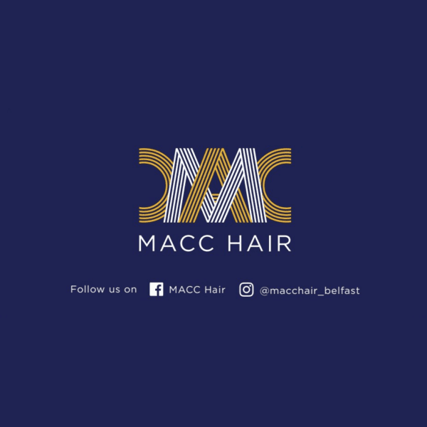Logo for MACC Hair with stylized yellow and white "MACC" on a dark blue background, plus Facebook and Instagram handles. Ask us about our Gift Voucher!.