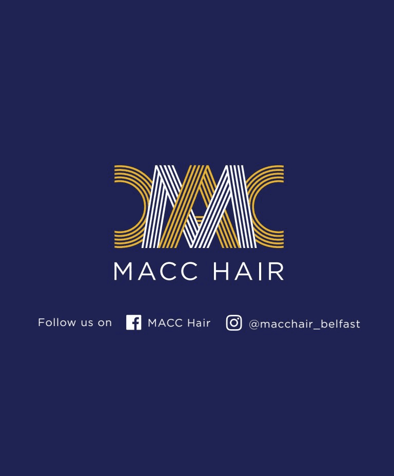 Logo for MACC Hair with stylized yellow and white "MACC" on a dark blue background, plus Facebook and Instagram handles. Ask us about our Gift Voucher!.